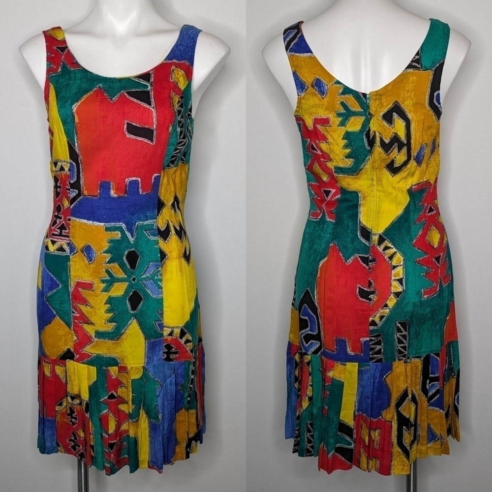 Vintage Multicolor Abstract Print Sleeveless Dress - Red, Yellow, Green, Blue
